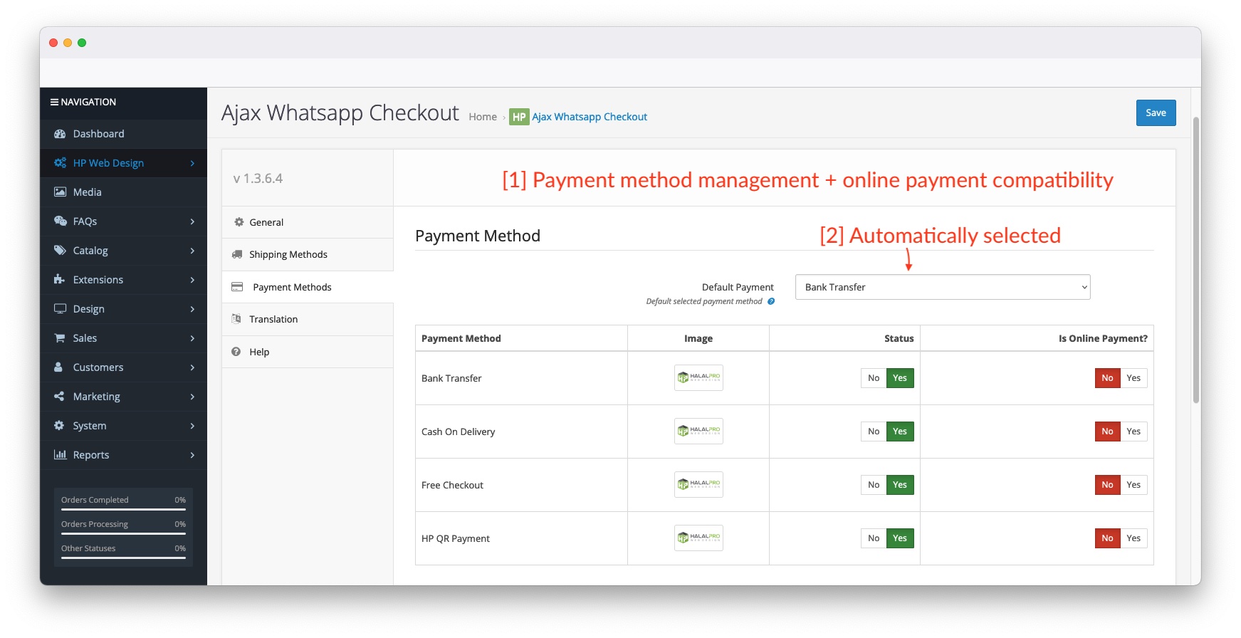 payment method management on ajax whatsapp checkout opencart